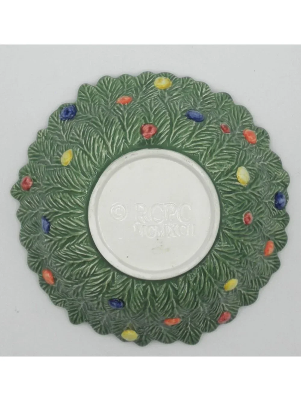 Vintage RCPC Majolica Christmas Overlapping Pine Needles Candy Bowl 8-1/4 Inches